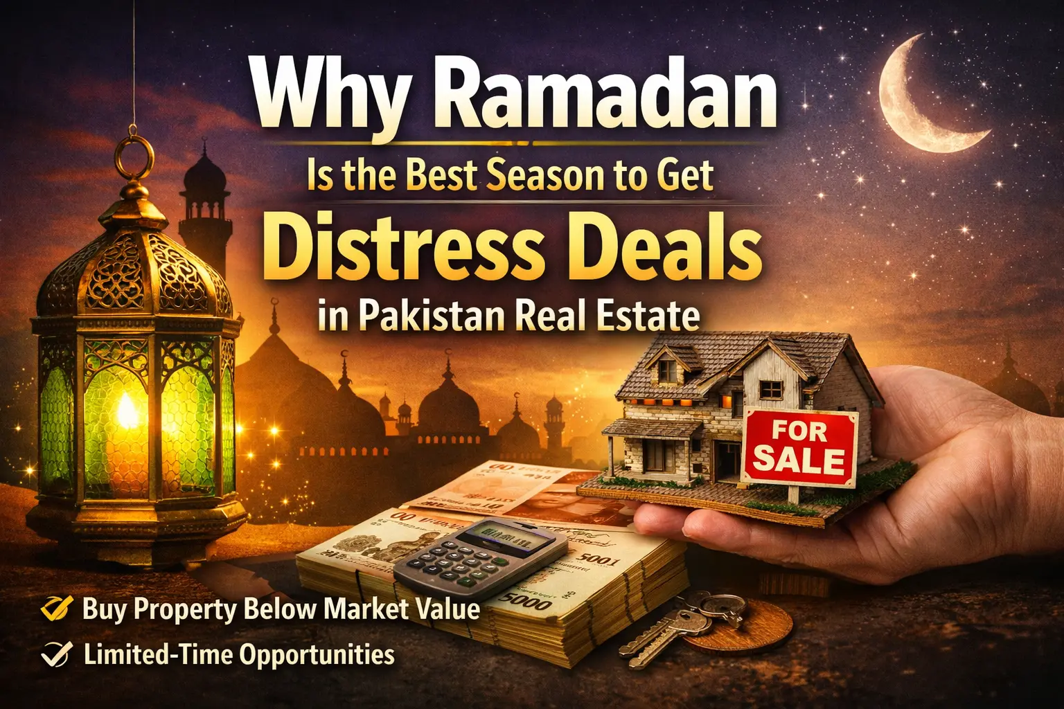 Ramadan real estate deals Pakistan showing distress property opportunity with house for sale and investment concept
